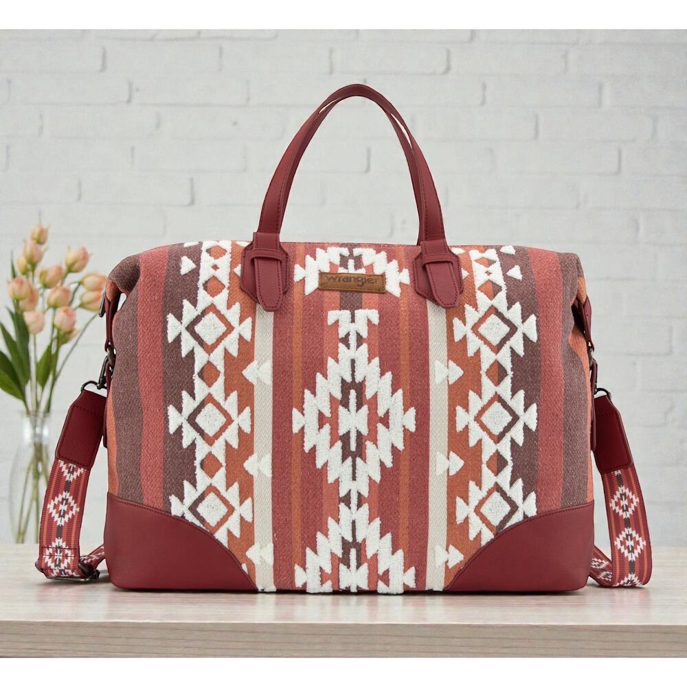 Wrangler Sherpa Aztec Canvas Travel Duffle Bag - Burgundy *NEW w/ Tags*